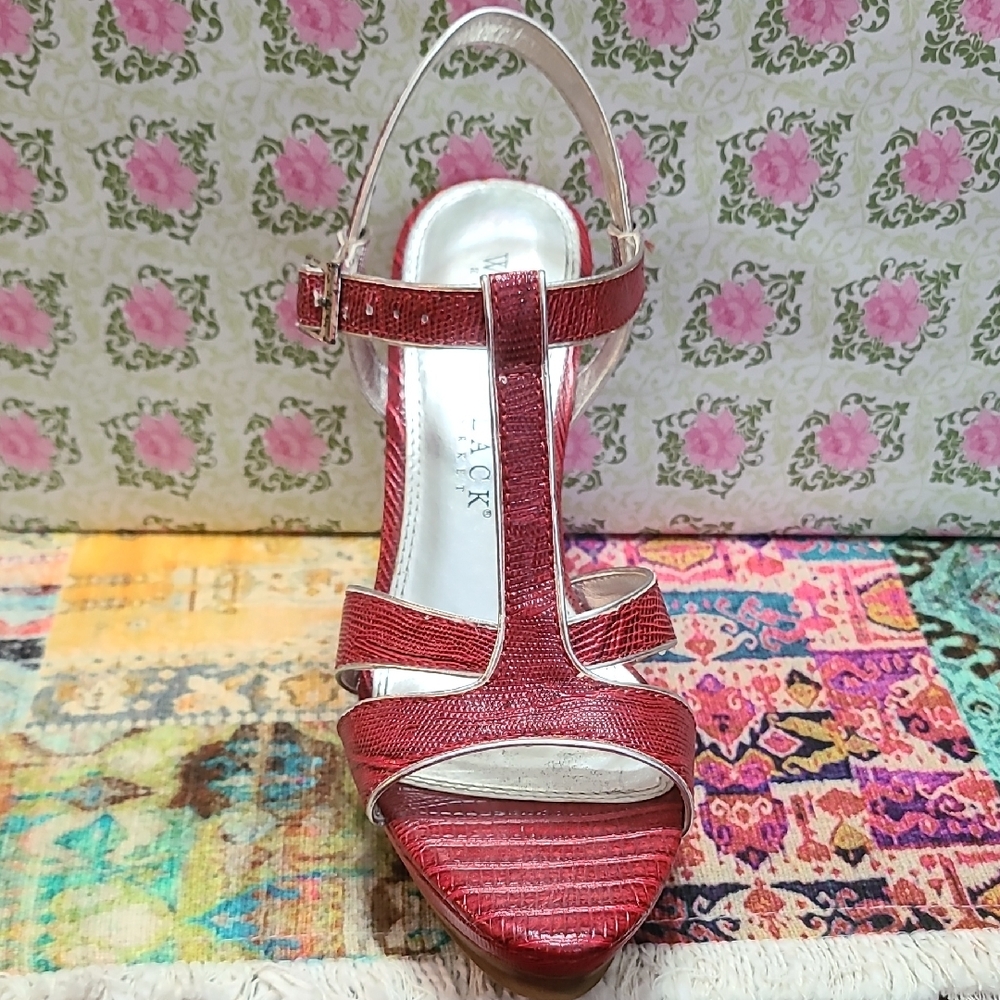 White House Black Market Red Wedge Sandals with T-Strap - Picture 2 of 8